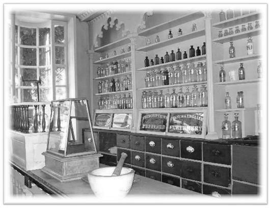 black and white photo of apothecary